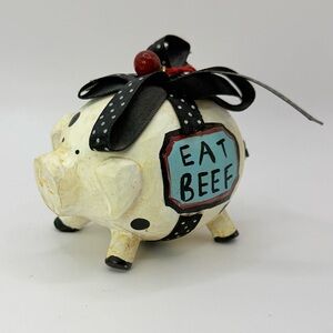 Vintage 1960s Paper Mache Hand-Painted "EAT BEEF" Pig Christmas Ornament 3.5”